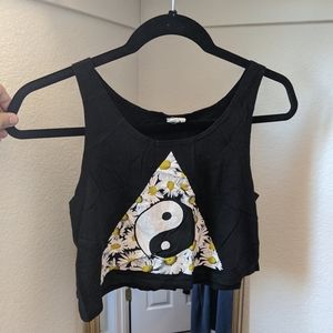 Black crop top with daisies and ying-yang